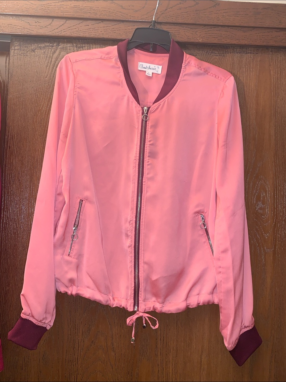 Ombre Blush Pink Bomber Jacket with Maroon Trim